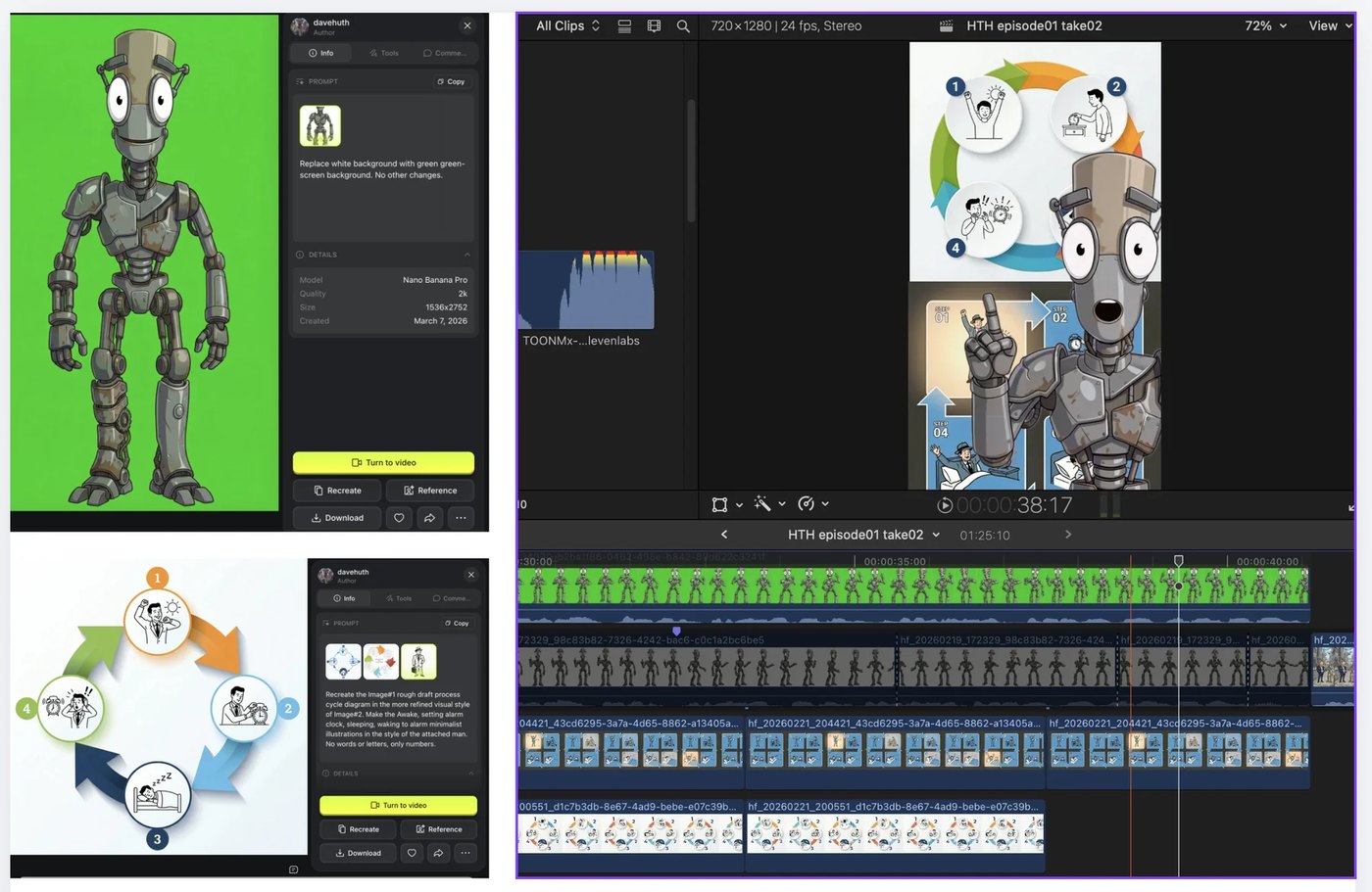 A green-screen composite alongside the editing timeline