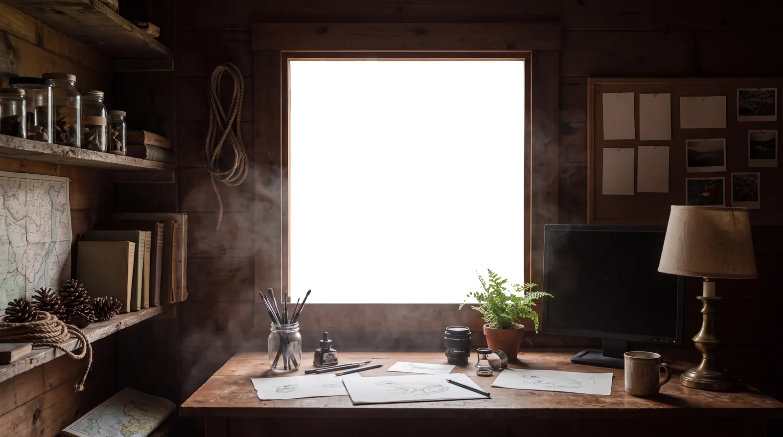 The studio at dawn, the window open onto the forest
