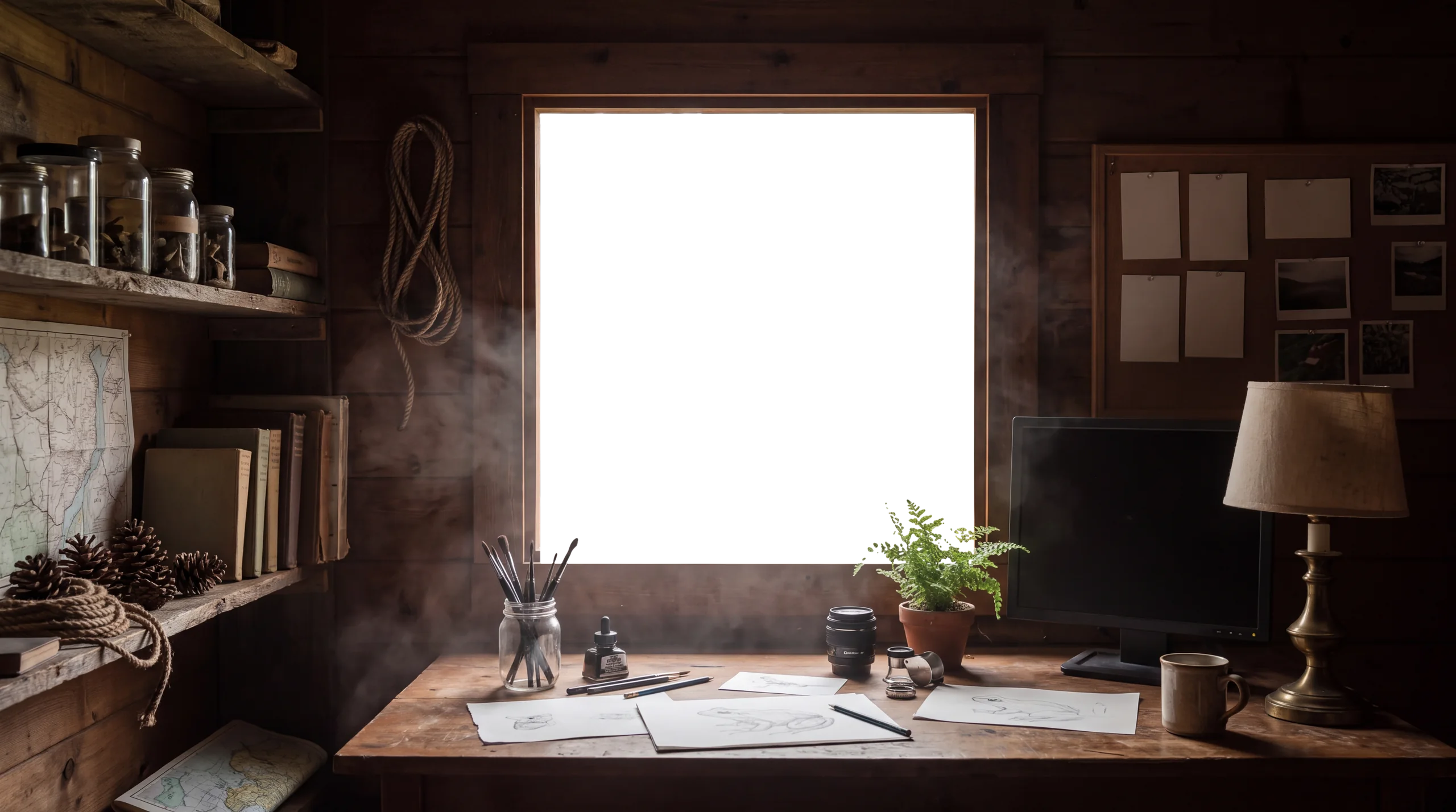 A wooden studio at four in the morning: a drawing table with brushes, ink, and frog sketches under an open window onto a dark conifer forest