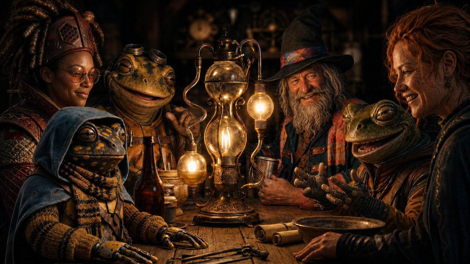 Humans, frog-people, and a companion robot gathered around a single lamp at a long table