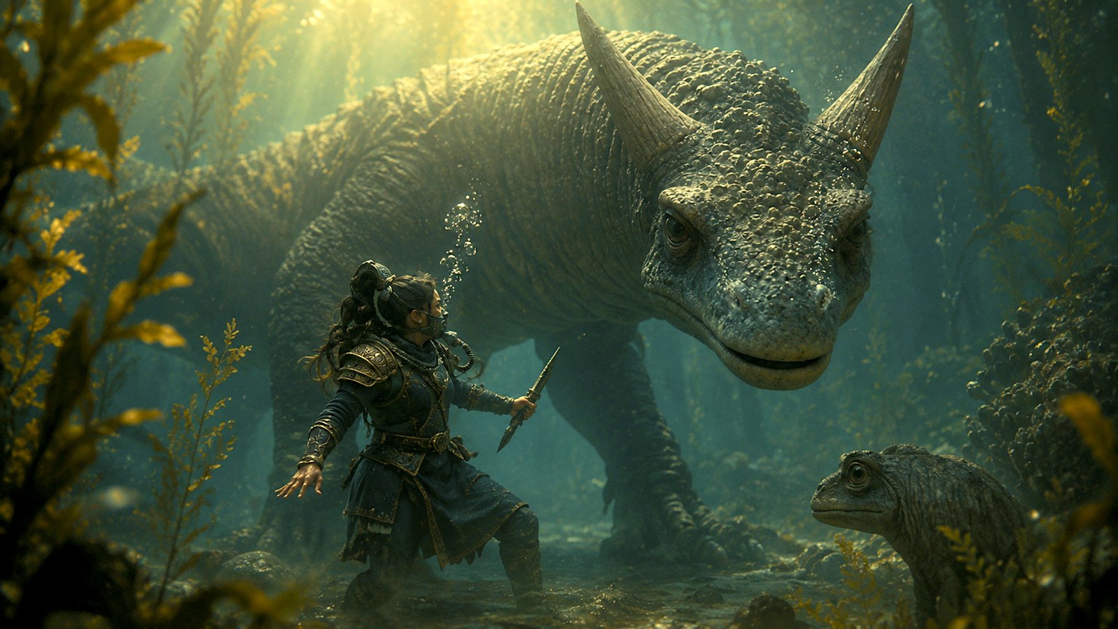 A horned creature underwater among reeds