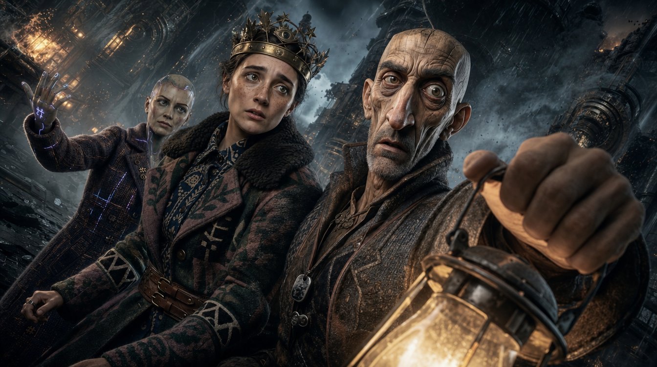 Three travelers with a lantern in wet ruins at dusk