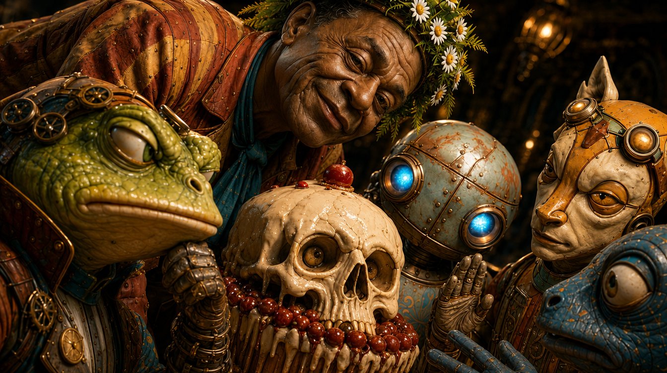 A flower-crowned elder among frog-folk and a blue-eyed robot, gathered around a beaded skull cake