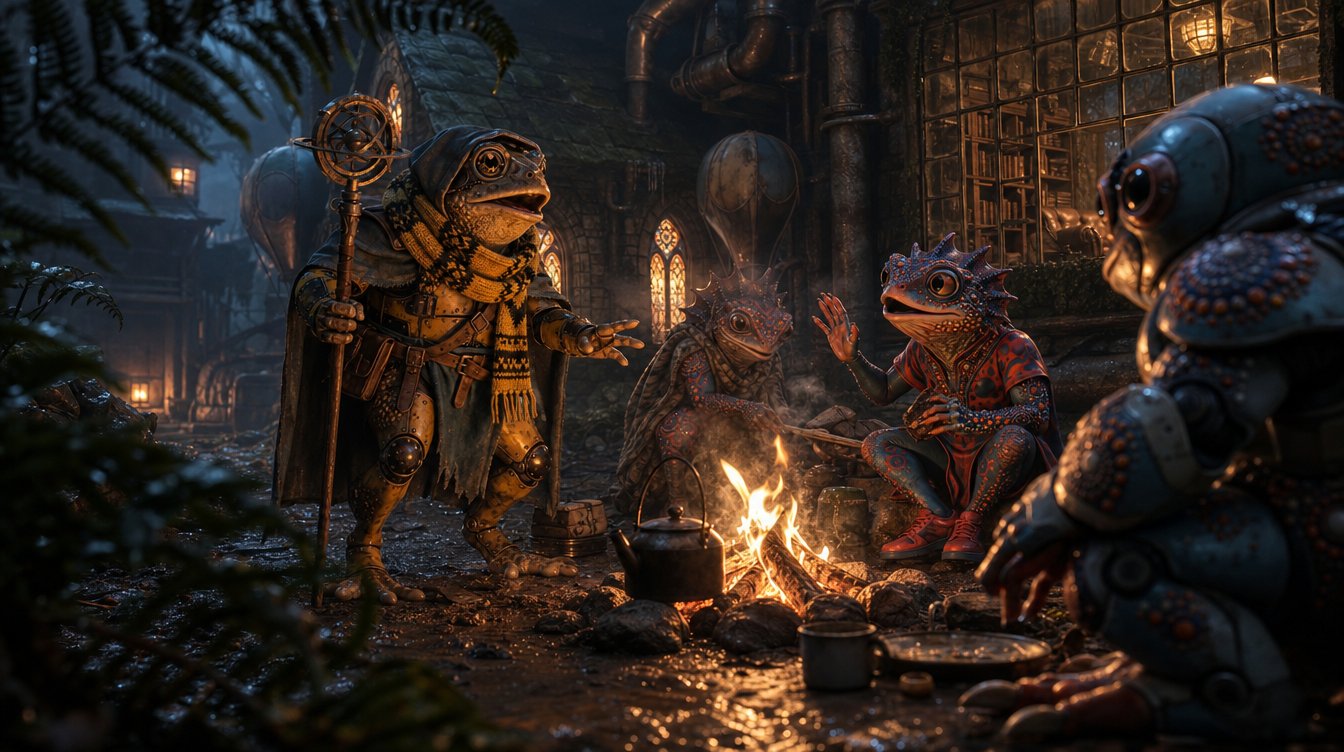 Frog-folk and a robot around a campfire in a rainy steampunk village at night