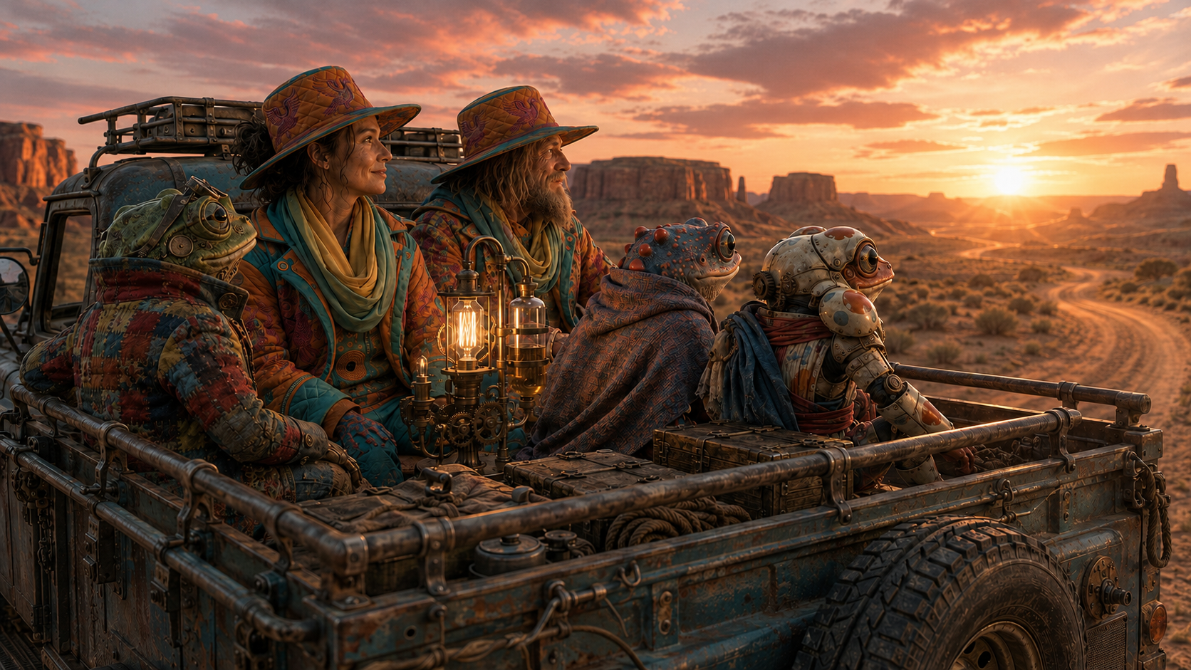 Travelers in a truck bed at sunset, desert mesas behind, continuing west