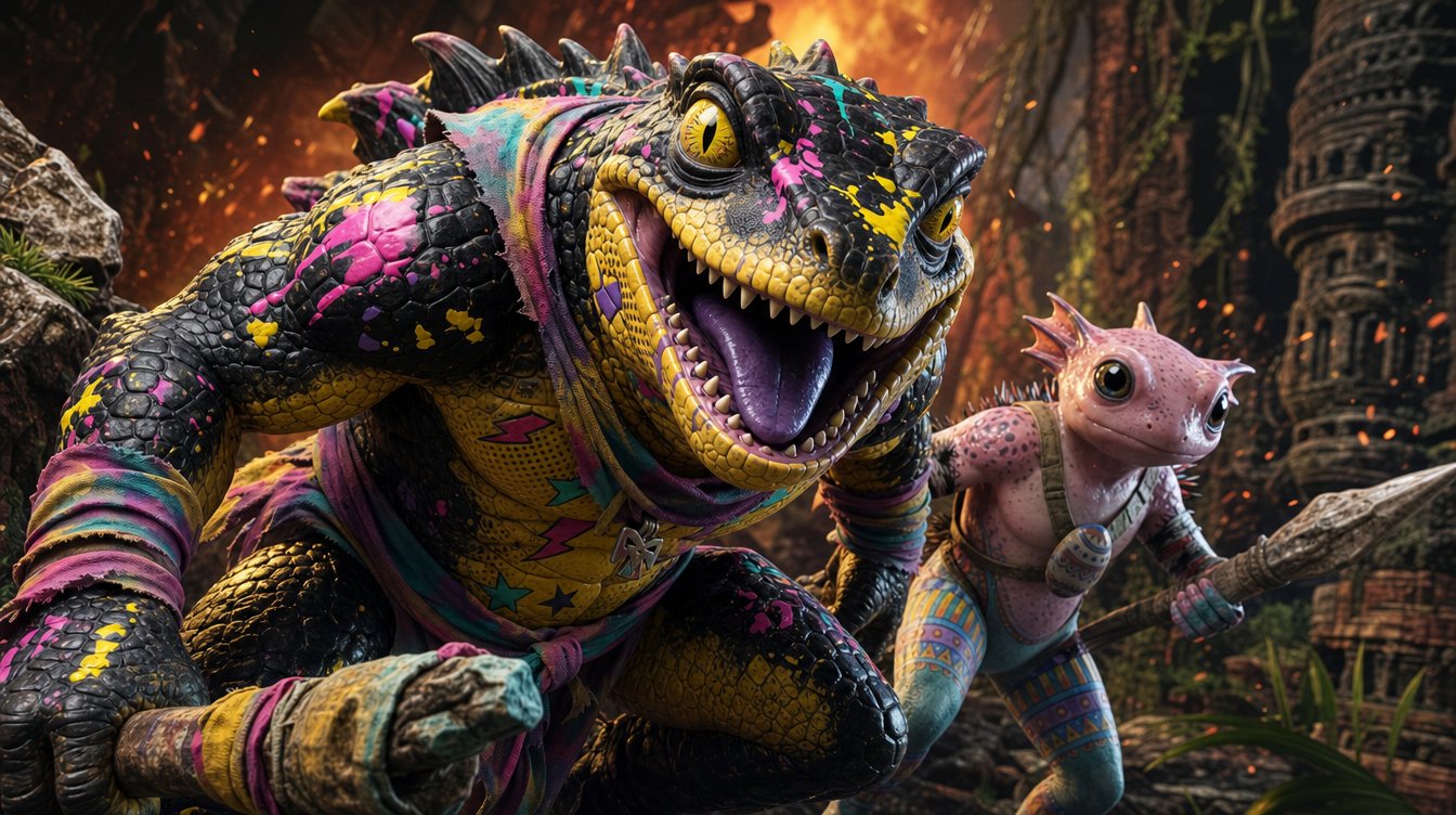 A graffiti-painted crocodilian and a pink axolotl youth running through a burning forest