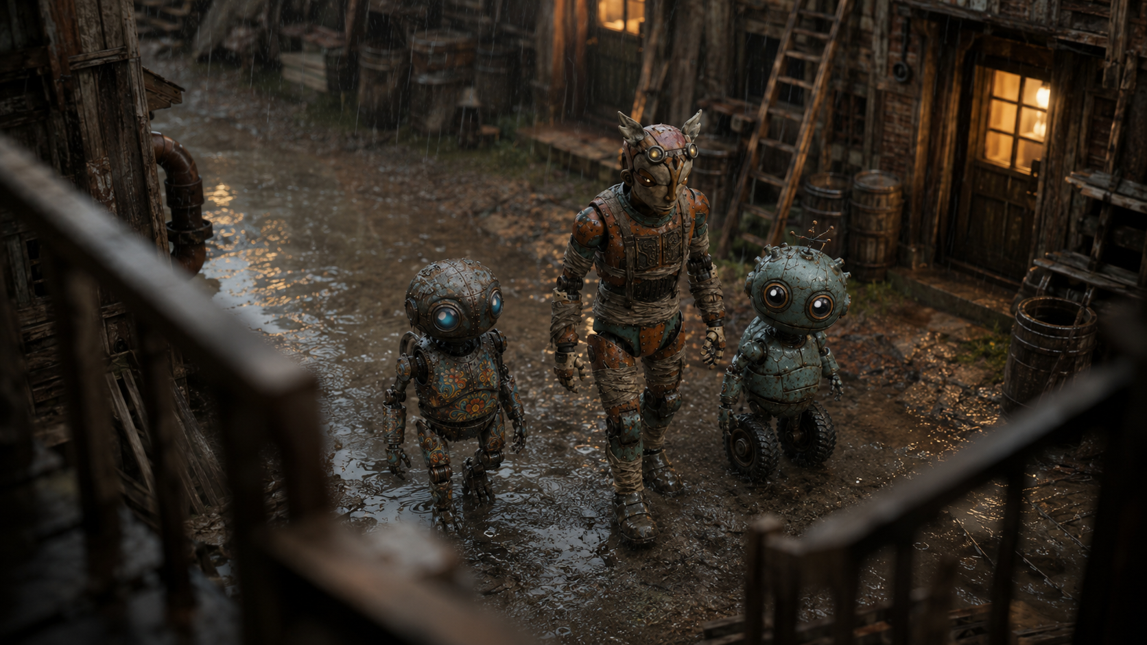Rainy alley with small robot companions