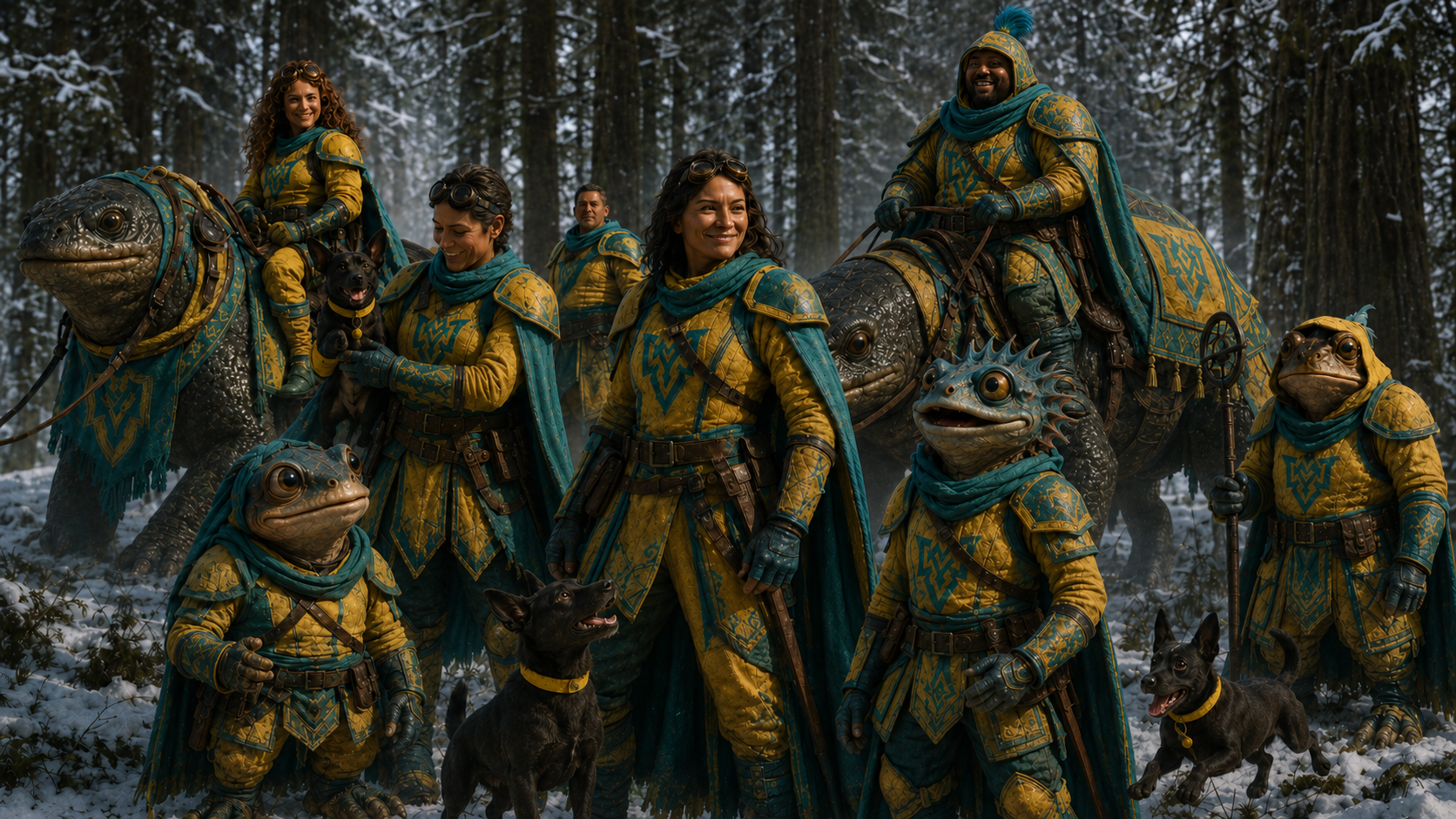 Snow-forest group portrait, patterned riders and frog-people