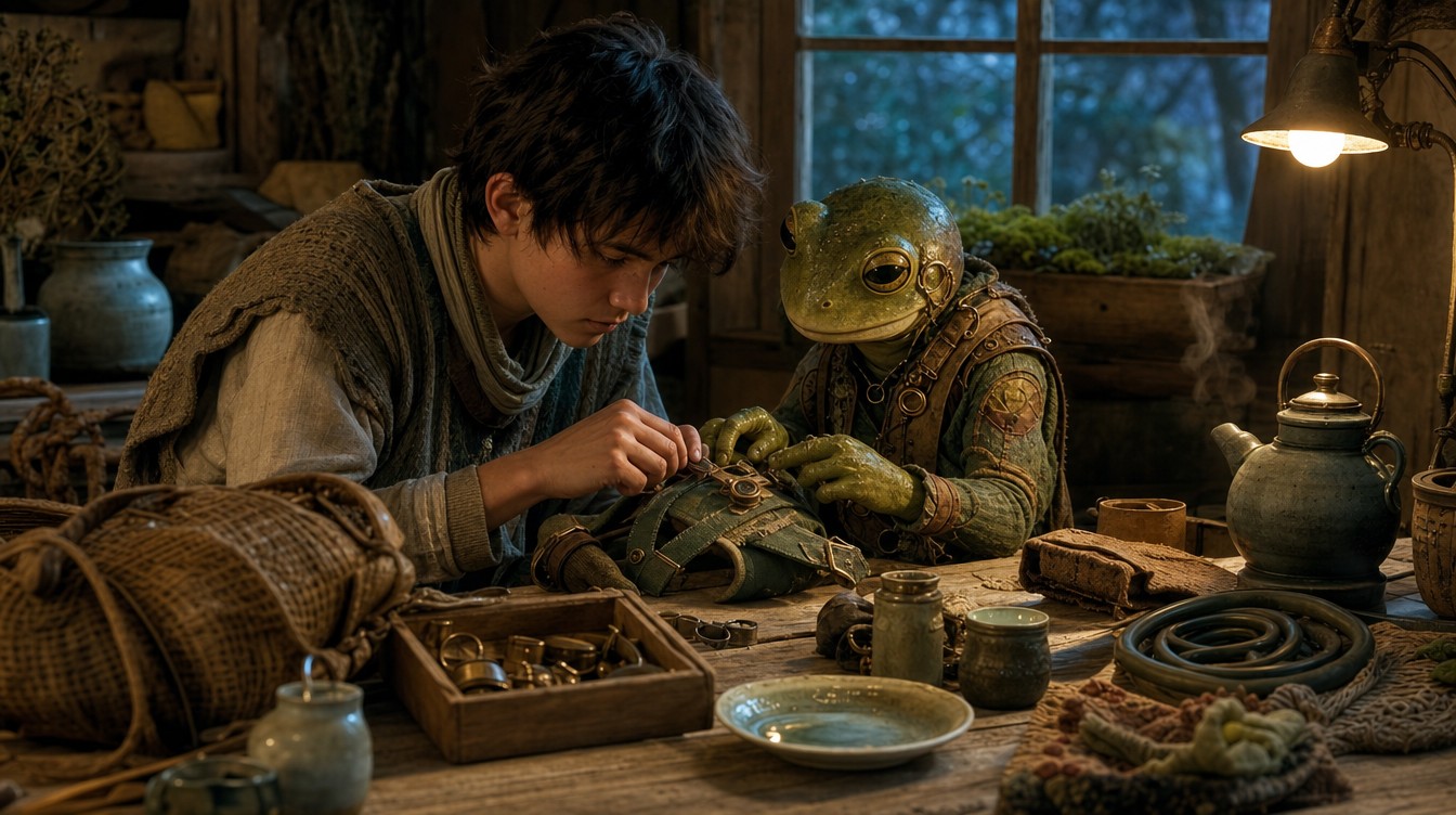A boy and a frog-person bent over a workbench, mending a harness together by lamplight