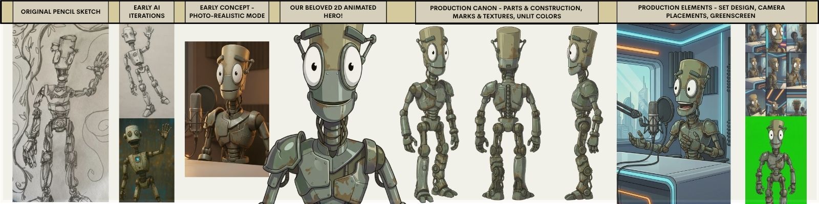 Chank Rivet design record, from pencil sketch through AI iterations to the production canon turnaround and set elements