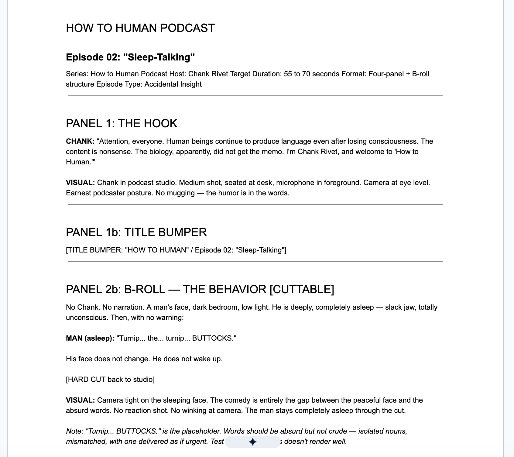 The Episode 02 script page, Sleep-Talking, with panel lines and shot notes