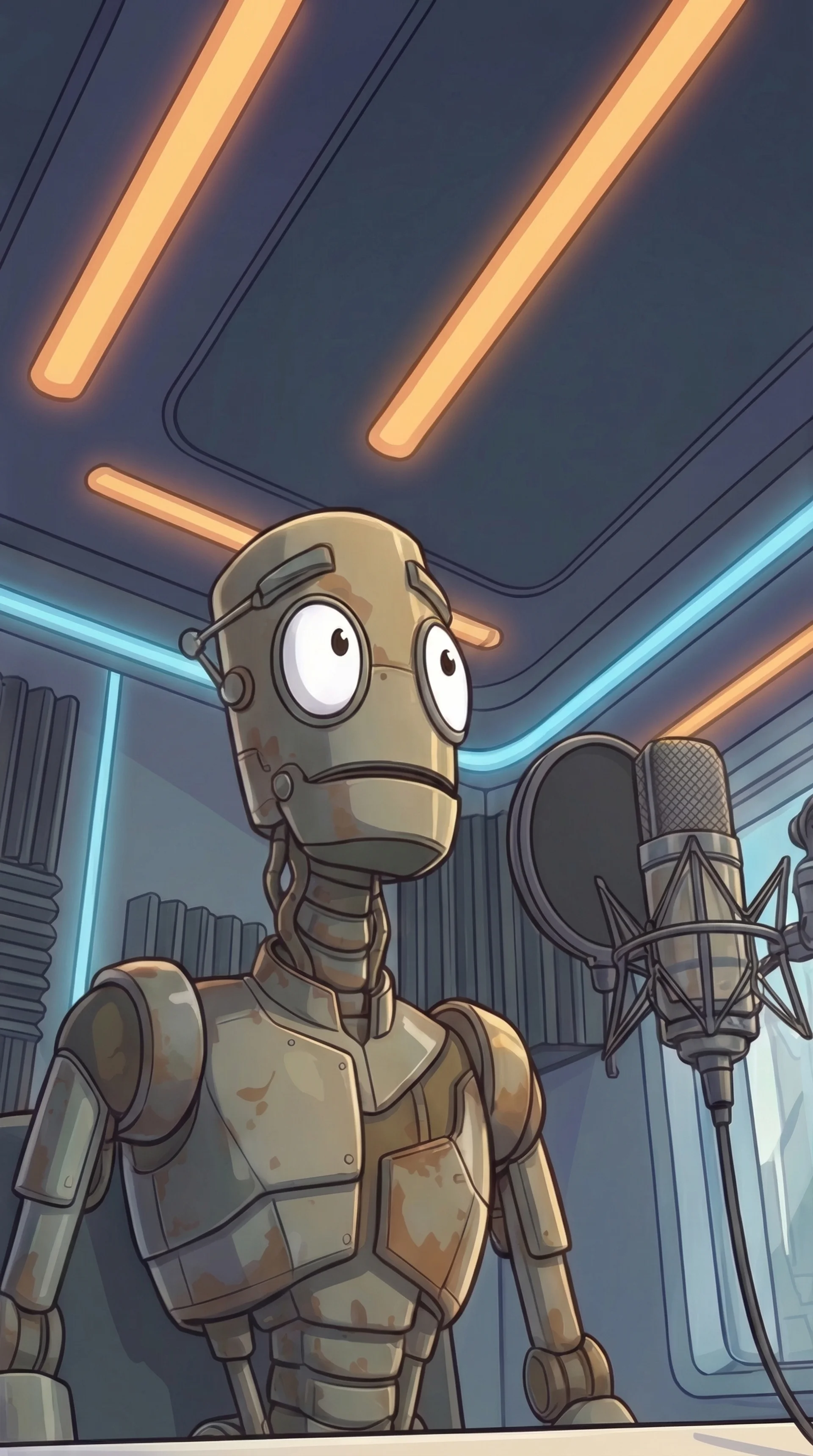 Vertical frame from Episode 02, Chank at the microphone, low angle
