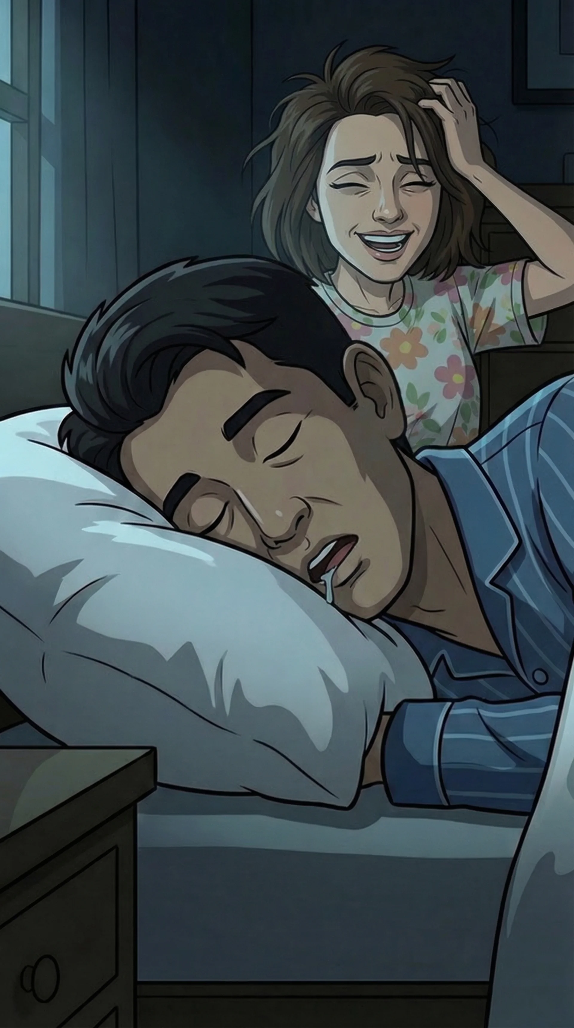 Vertical frame from Episode 02, a man asleep mid-sentence while his partner laughs behind him