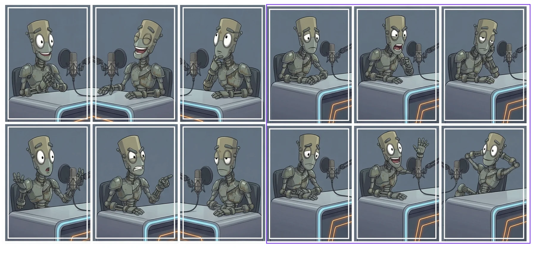 A portion of the expression library, twelve cells of Chank at the podcast desk, delight through deadpan