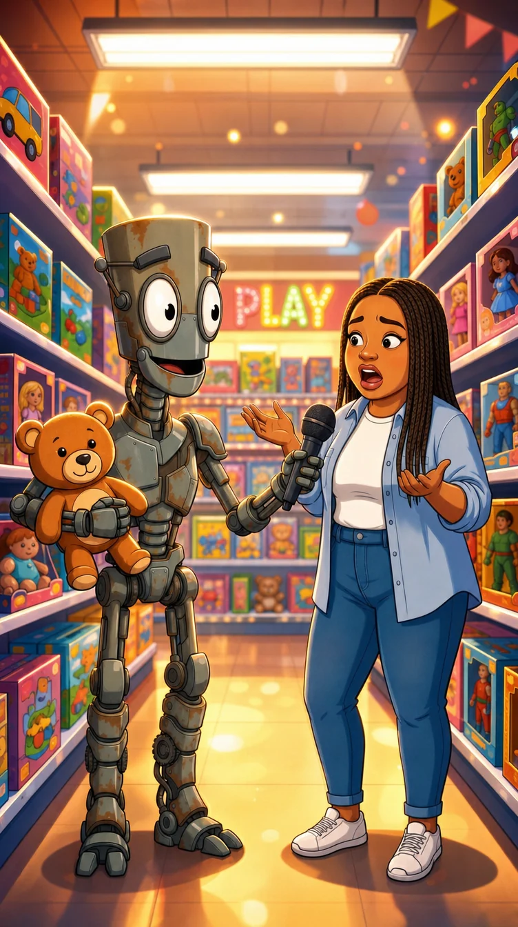 The chosen frame, Chank in a toy store aisle holding a teddy bear, interviewing a startled shopper