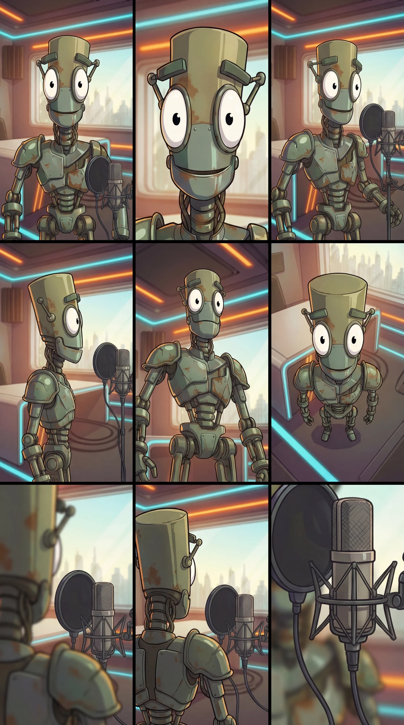 Nine camera studies of Chank in the studio, distances and angles tested on the same subject