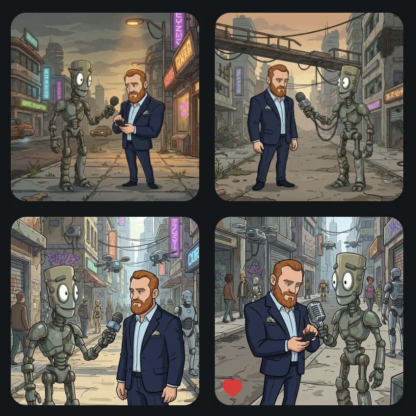 A roll of four takes, Chank interviewing a bearded man on a ruined street, the same beat staged four ways