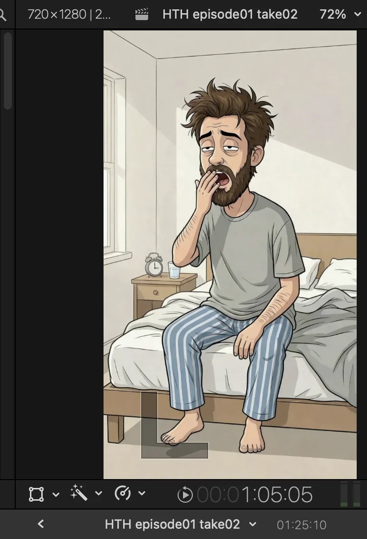 Viewer beat two: a man on the edge of his bed, yawning, alarm clock and water glass on the nightstand