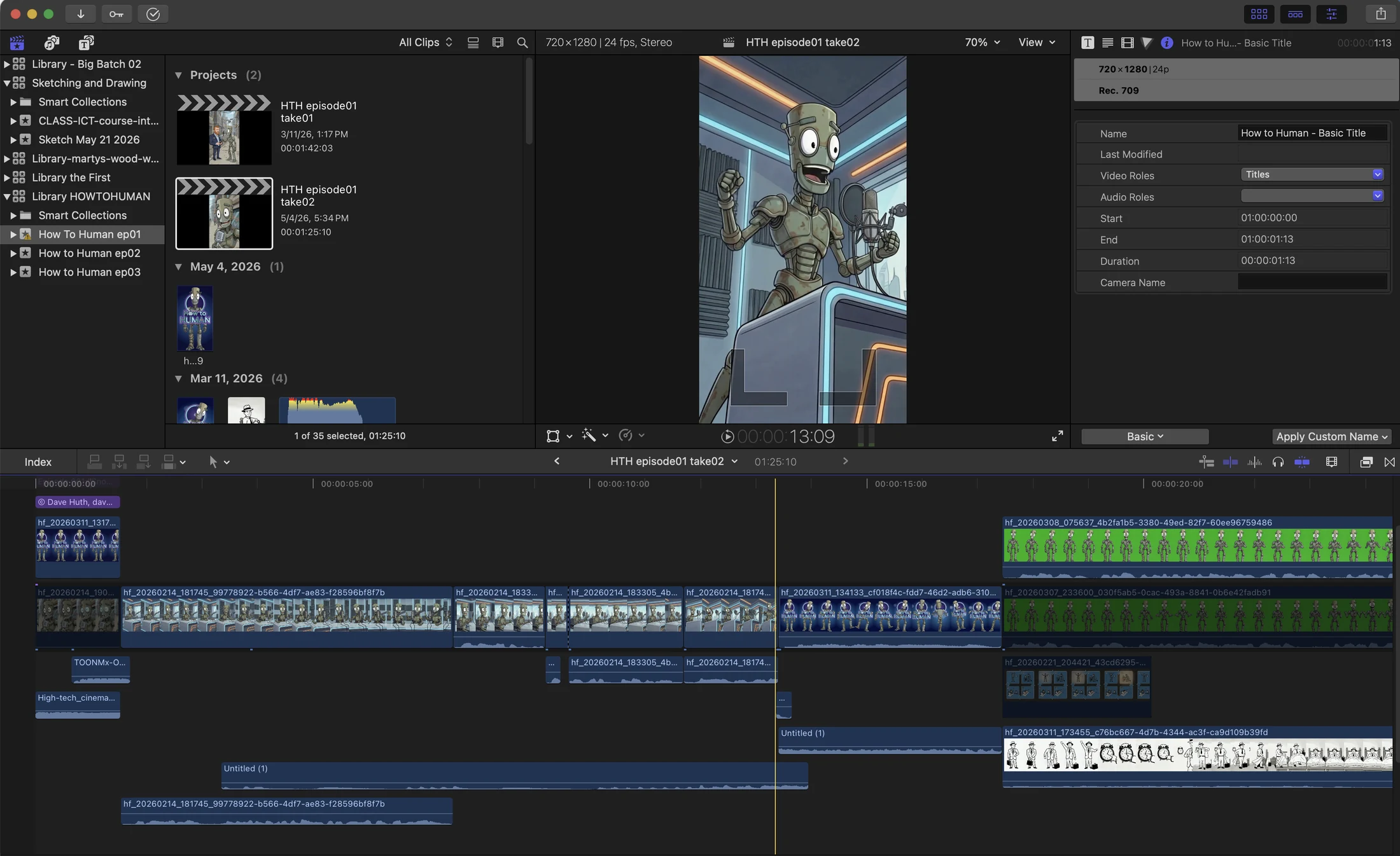 The full Final Cut Pro window on How to Human episode one, take two: a dense timeline of generated clips, green-screen segments, and voice tracks under the viewer