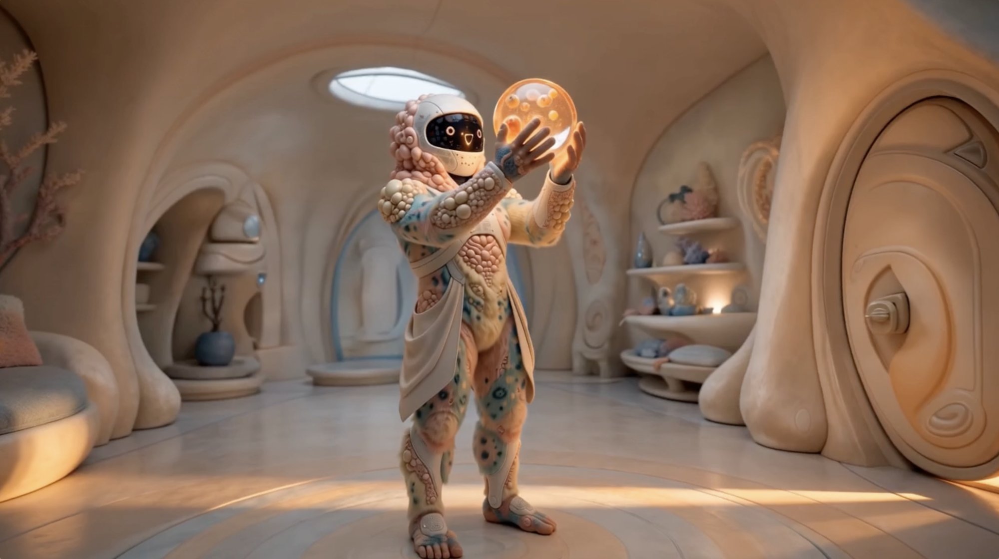 A robot with coral and lichen patterned skin holds a glowing amber orb in a curved, organic room.