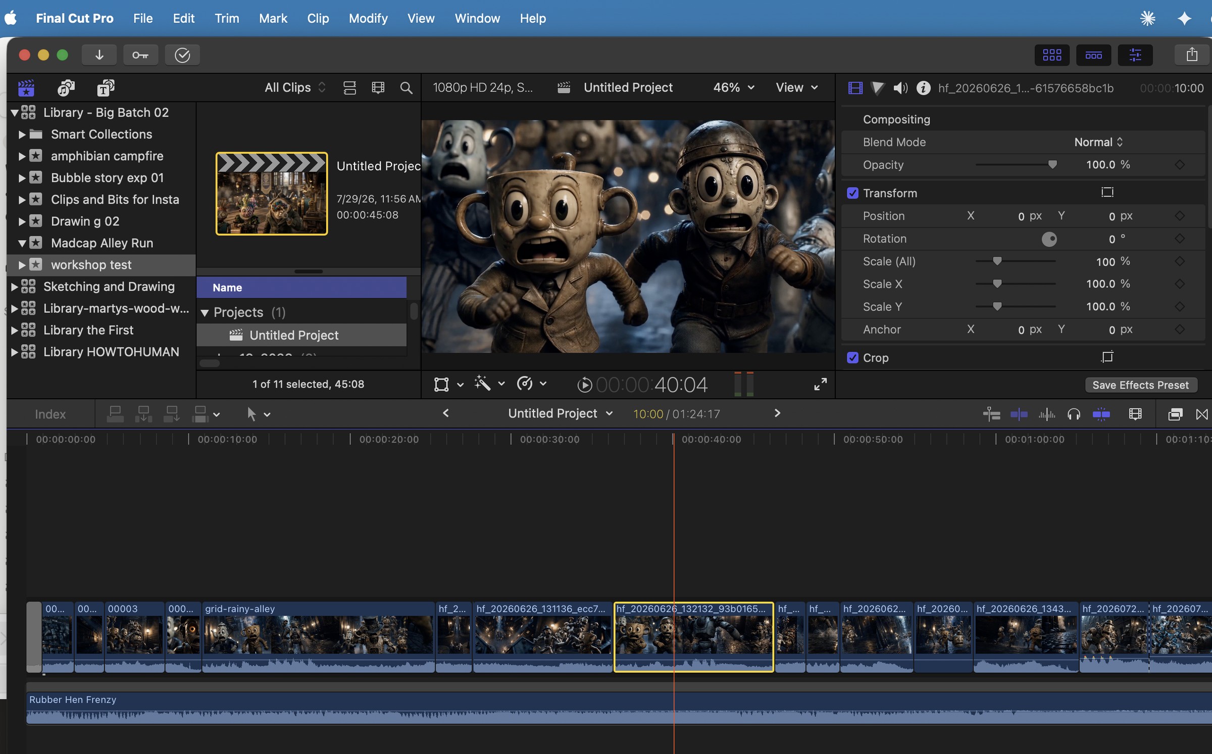 The alley-run cut in progress, an edit session view.