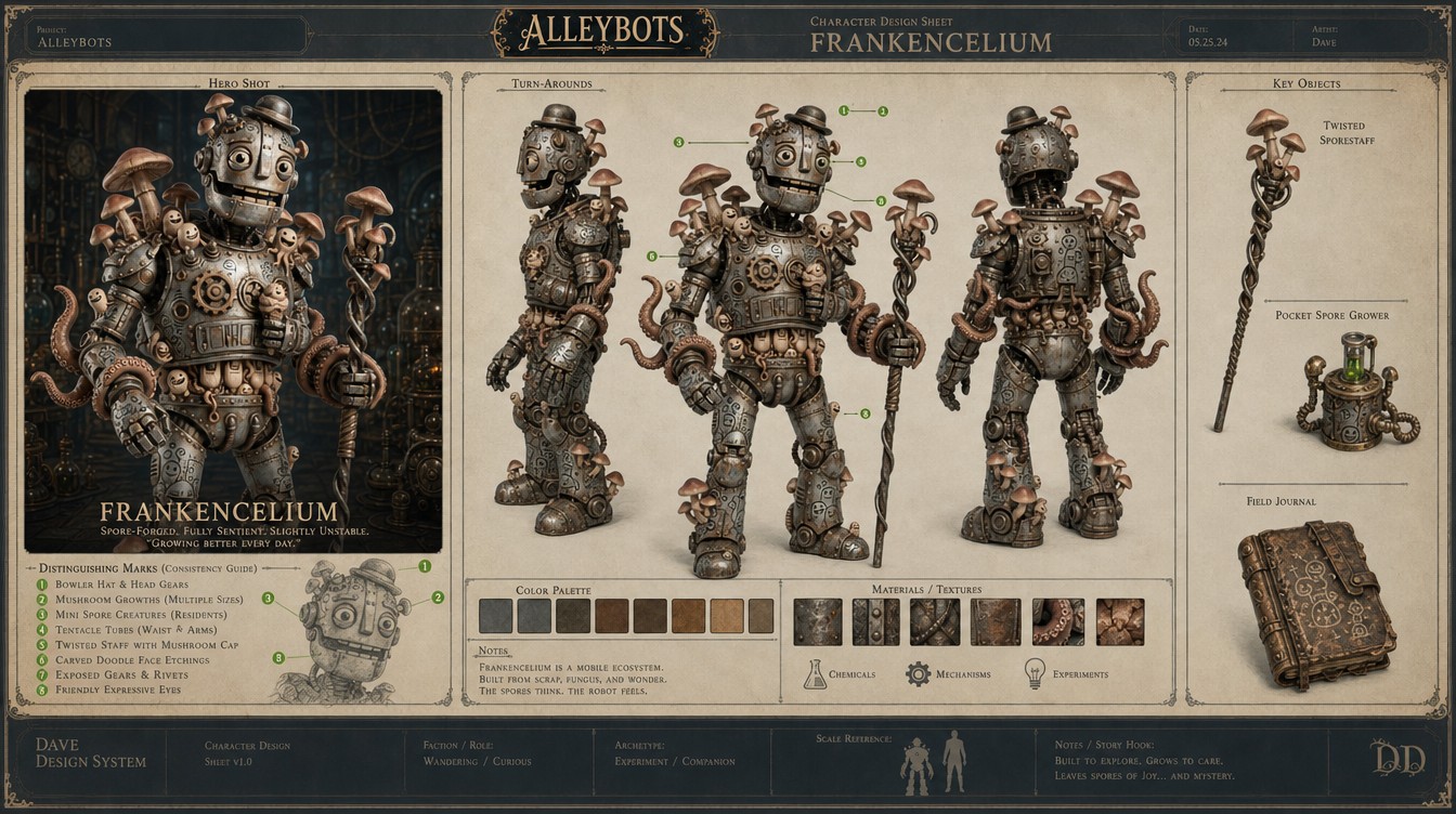 Character design sheet for Frankencelium, the spore-forged alleybot.