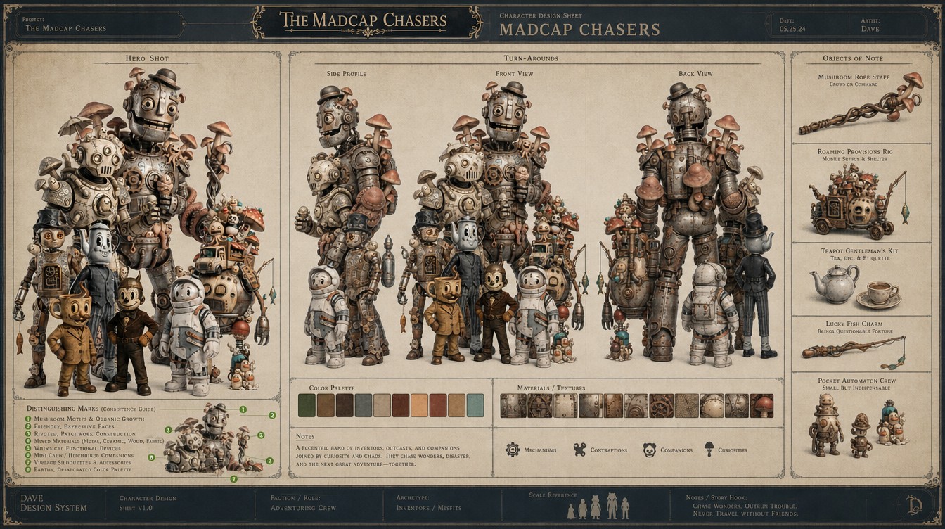 Character design sheet for the Madcap Chasers, the full crew.