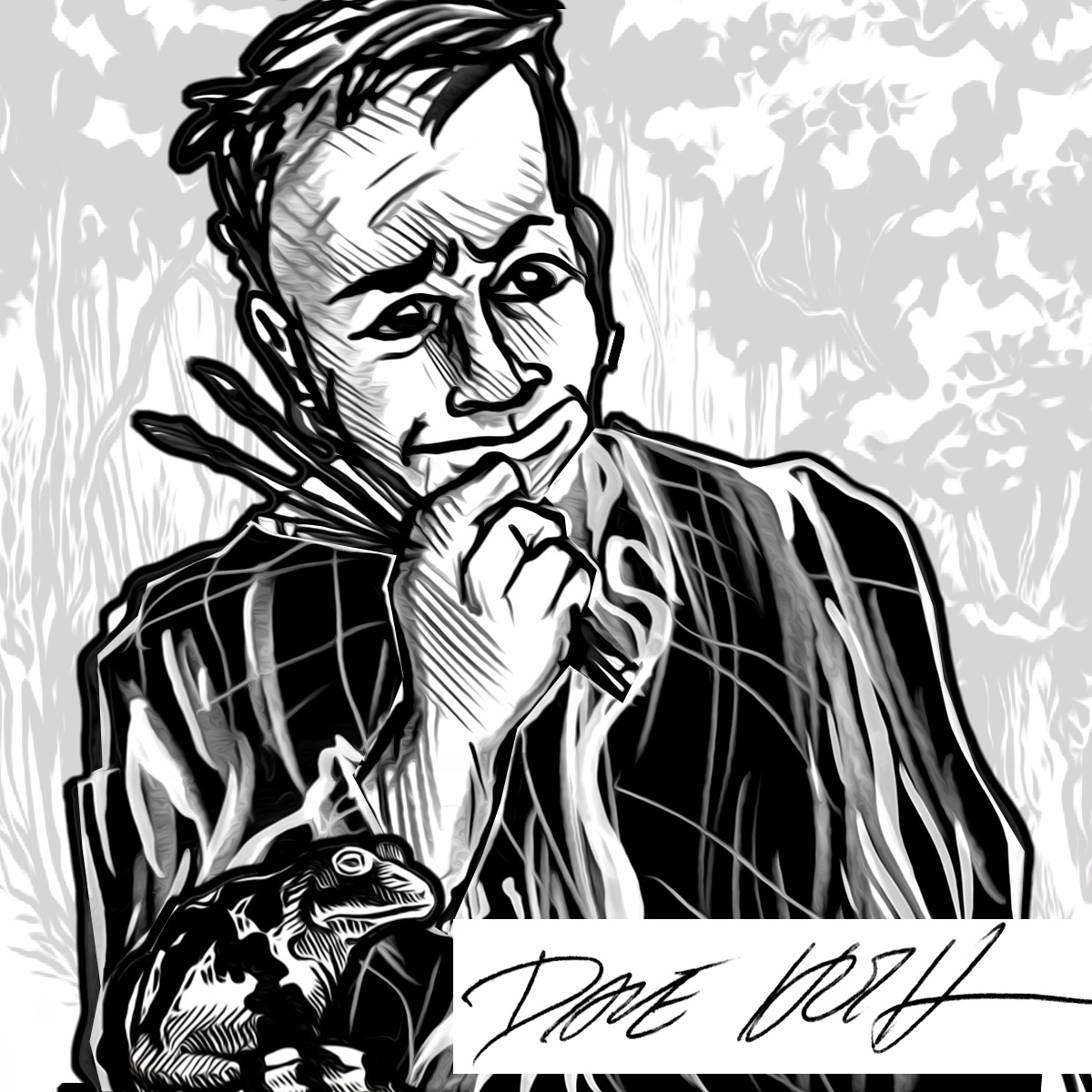 Ink self portrait: the illustrator with brushes at his chin and a frog in the crook of his arm, signed